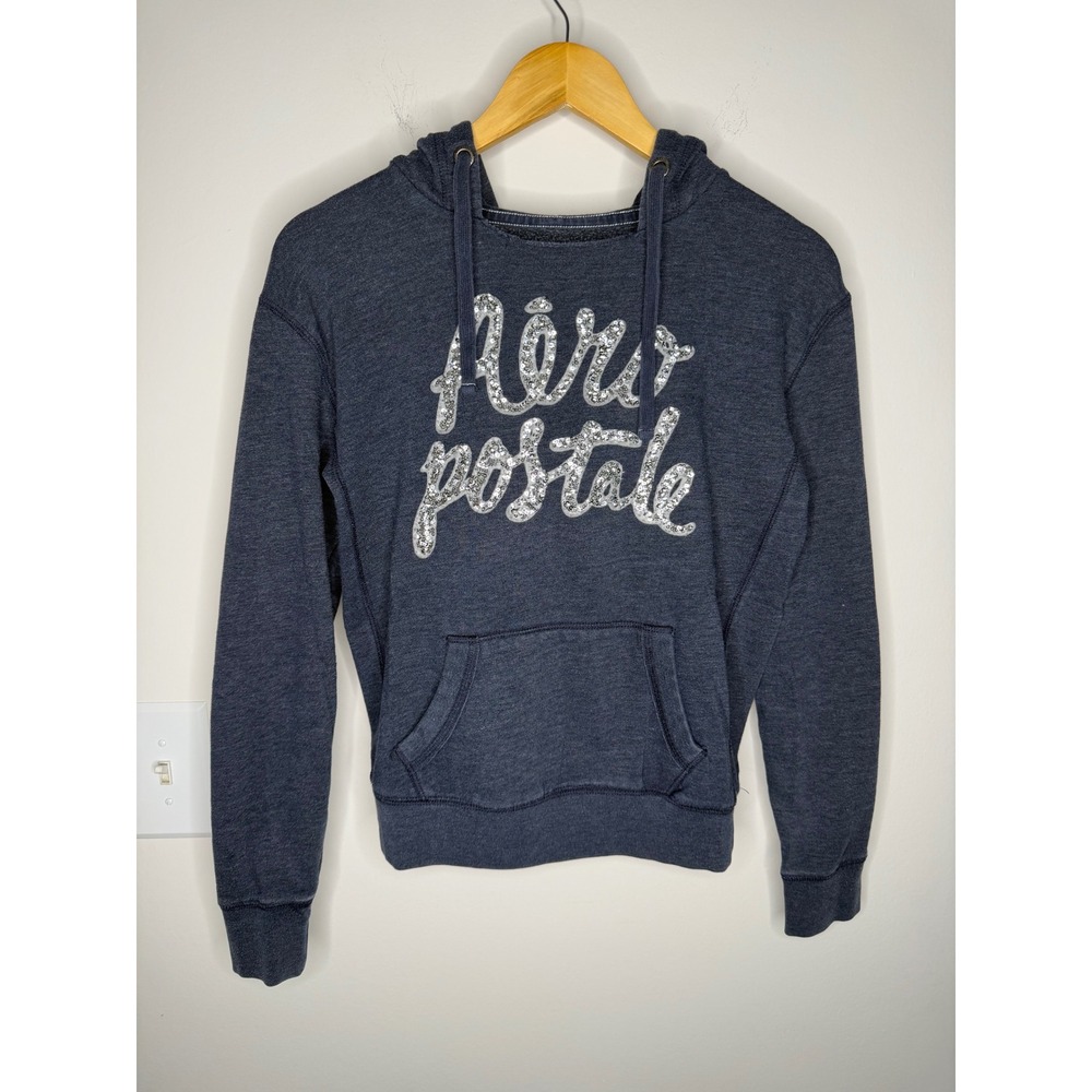 Vintage Y2K Aeropostale Womens Navy Blue Sequin Logo Hoodie Sweatshirt Small